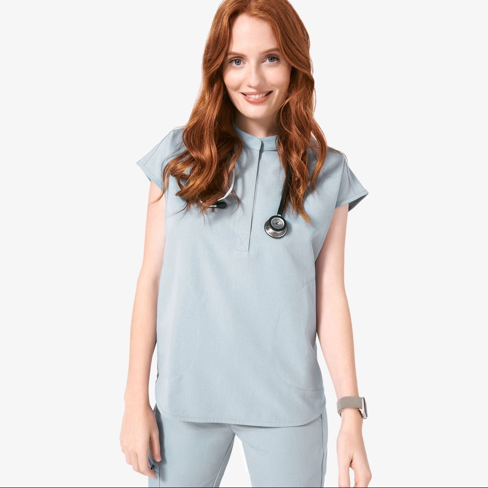 RAFAELA Mandarin Collar Scrub Top Figs Dusty Blue